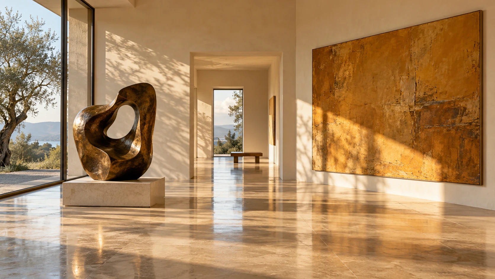 Sunlit contemporary gallery with a bronze sculpture and a large ochre painting