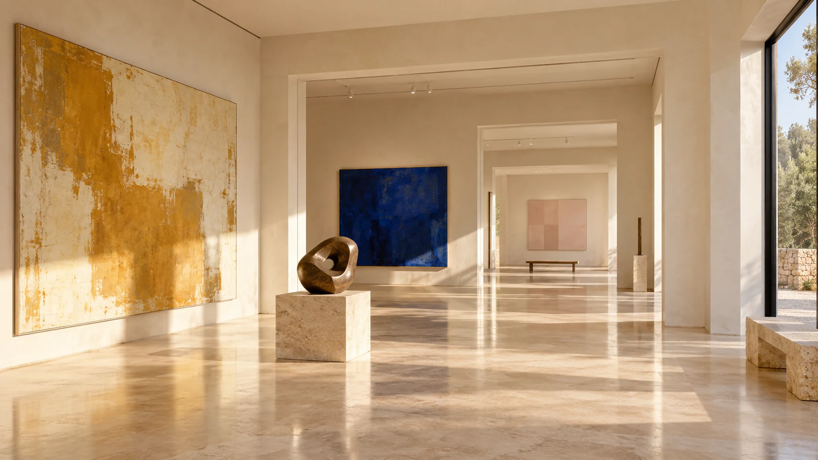 A quiet virtual gallery with art on its walls