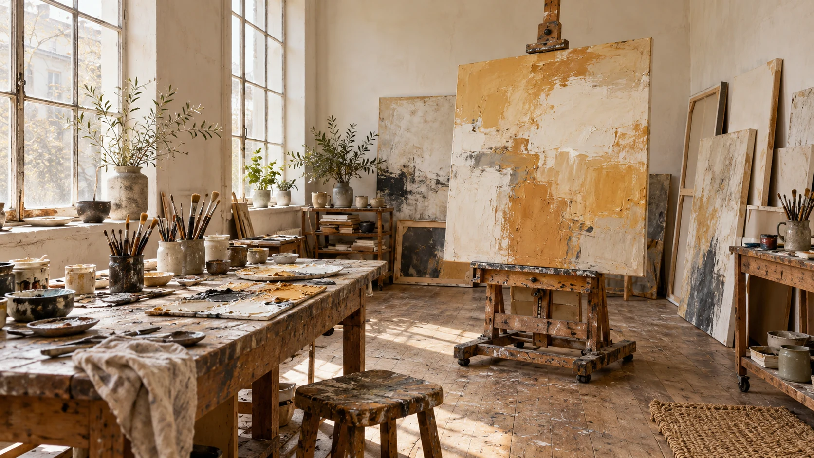 An artist’s sunlit studio with paintings and materials