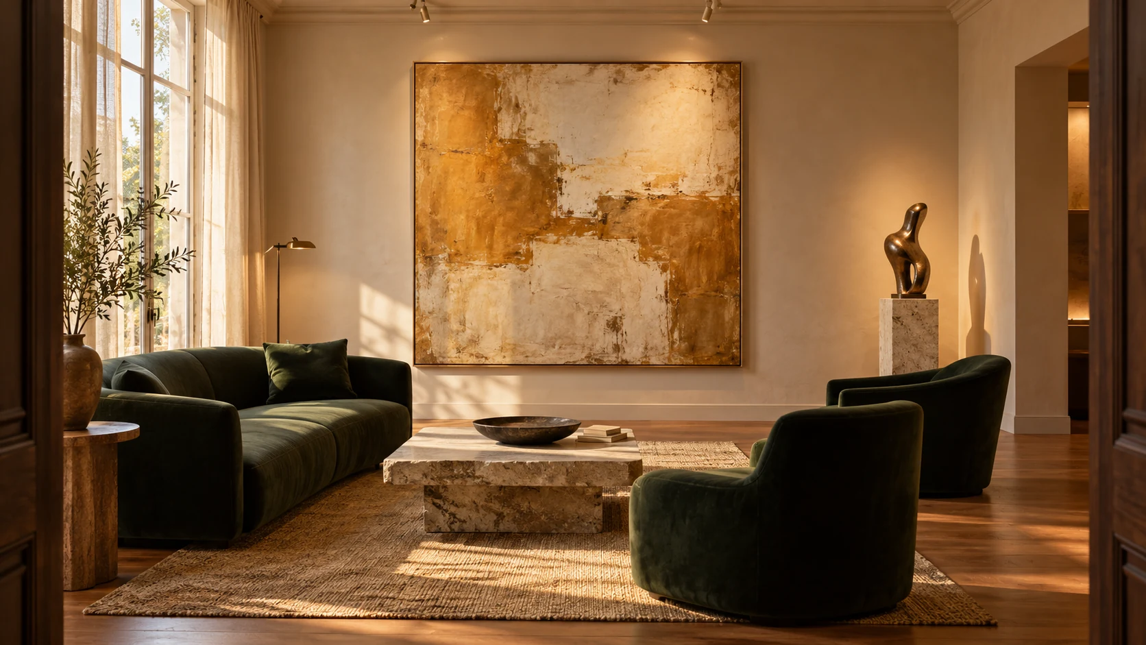 An intimate private viewing room with contemporary art